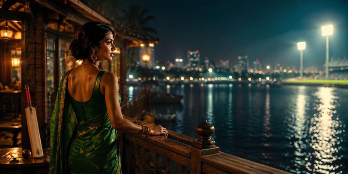 Kerala woman playing live casino games on mobile with cricket betting in background