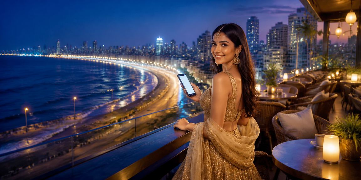 User checking lottery results on device along Mumbai Marine Drive